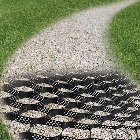 GEOBIN - Split view showing gravel pathway above and GEOWEB geocell ground grid system filled with gravel below